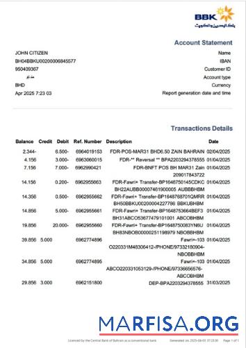 Blank Bahrain Bank of Bahrain and Kuwait (BBT) account statement word download for verification